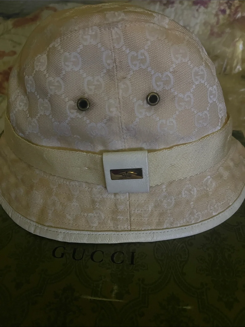Gucci Cream Monogram Bucket Hat with Branded Plaque